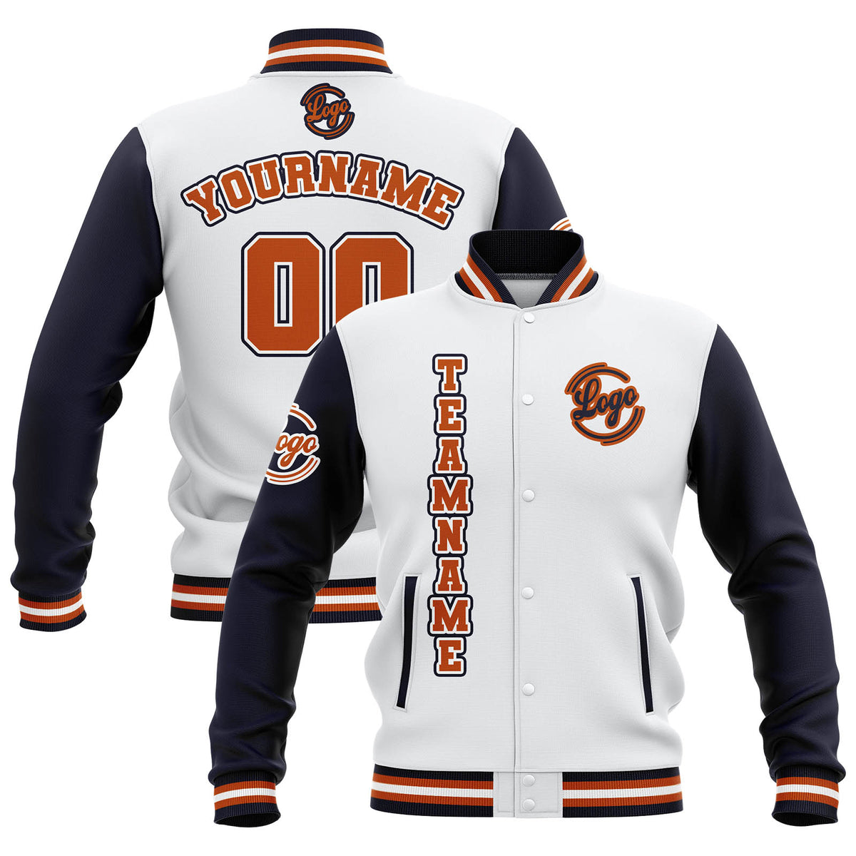 Benutzerdefiniert  Weiß Marine Orange Wasserdichte Varsity Jacken Personalisiert genäht Name Nummer Logo zu Letterman Jacken