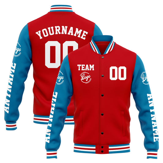 Benutzerdefinierte Varsity-Jacke. Letterman-Jacke für Männer, Frauen und Jugendliche Blau Rot
