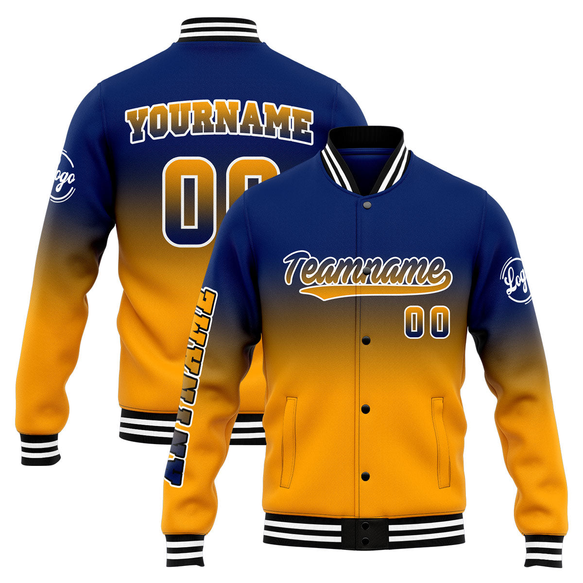 Benutzerdefinierte Verlauf Varsity-Jacke. Letterman-Jacke Marine Orange
