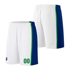 Individuelle Basketball-Jersey-Shorts für Männer und Frauen. Gestickter und gedruckter Name, Nummer und Logo Weiß&Royal&Grün