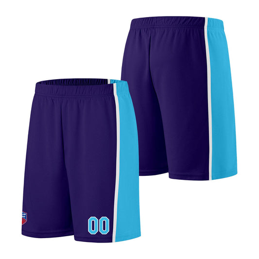 Individuelle Basketball-Jersey-Shorts für Männer und Frauen. Gestickter und gedruckter Name, Nummer und Logo Lila&Hellblau