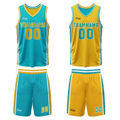 Benutzerdefinierte Cyan Gelb Reversible Basketball Jersey Personalisierte Drucken Name Nummer Logo