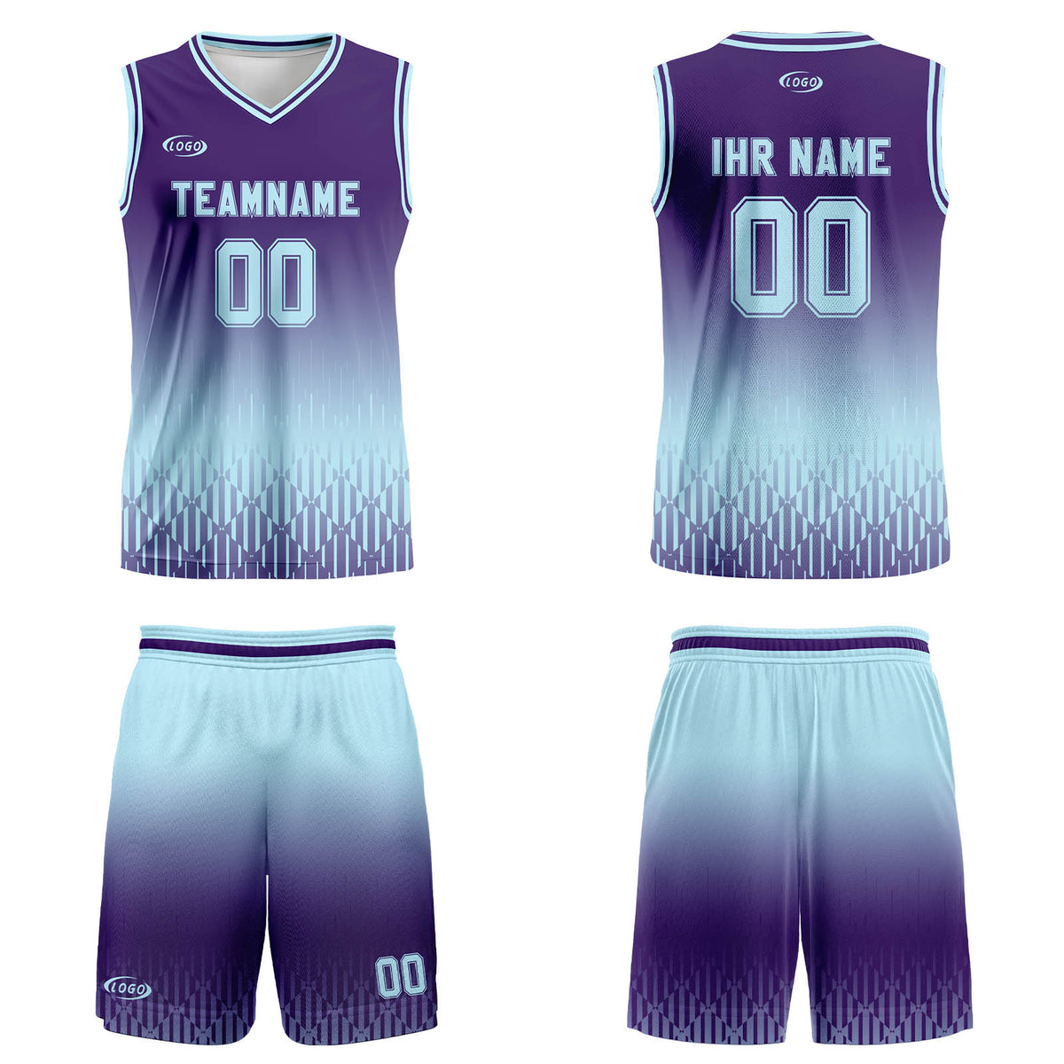Benutzerdefinierter Lila Hellblau Farbverlauf Basketball Jersey Uniform Anzug gedruckt Ihr Logo Name Nummer