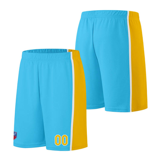 Individuelle Basketball-Jersey-Shorts für Männer und Frauen. Gestickter und gedruckter Name, Nummer und Logo Hellblau&Gelb