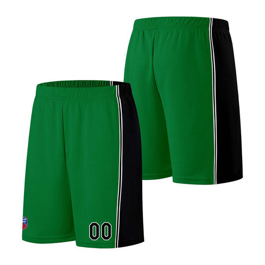 Individuelle Basketball-Jersey-Shorts für Männer und Frauen. Gestickter und gedruckter Name, Nummer und Logo Grün&Schwarz