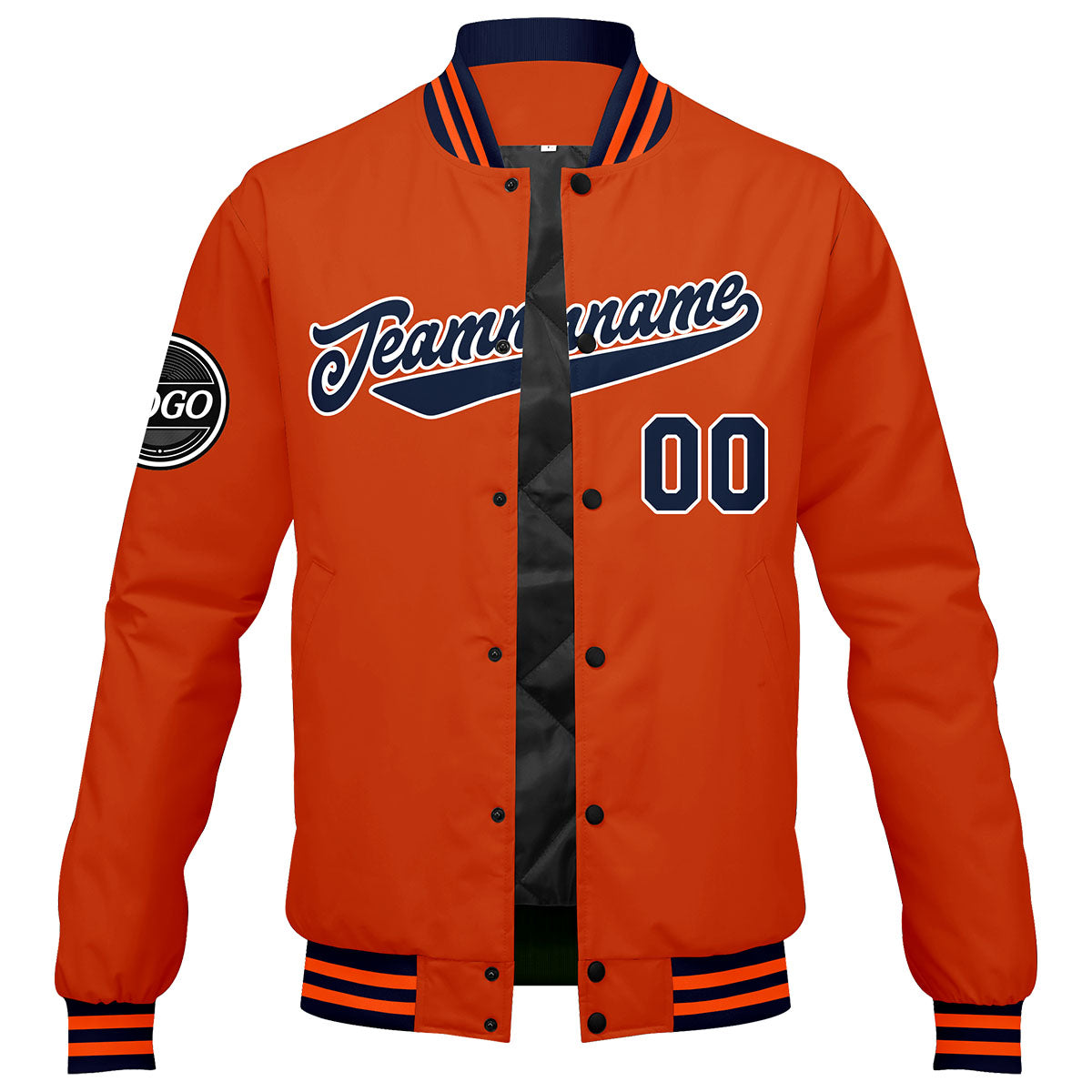Benutzerdefinierte Verlauf Varsity-Jacke. Letterman-Jacke Marine Orange