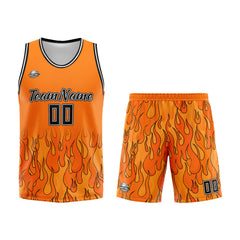 Benutzerdefinierter Basketball Jersey Uniform Anzug gedruckt Ihr Logo Name Nummer Orange Flamme