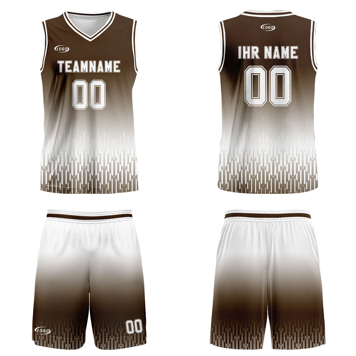 Benutzerdefinierter Braun Weiß Farbverlauf Basketball Jersey Uniform Anzug gedruckt Ihr Logo Name Nummer