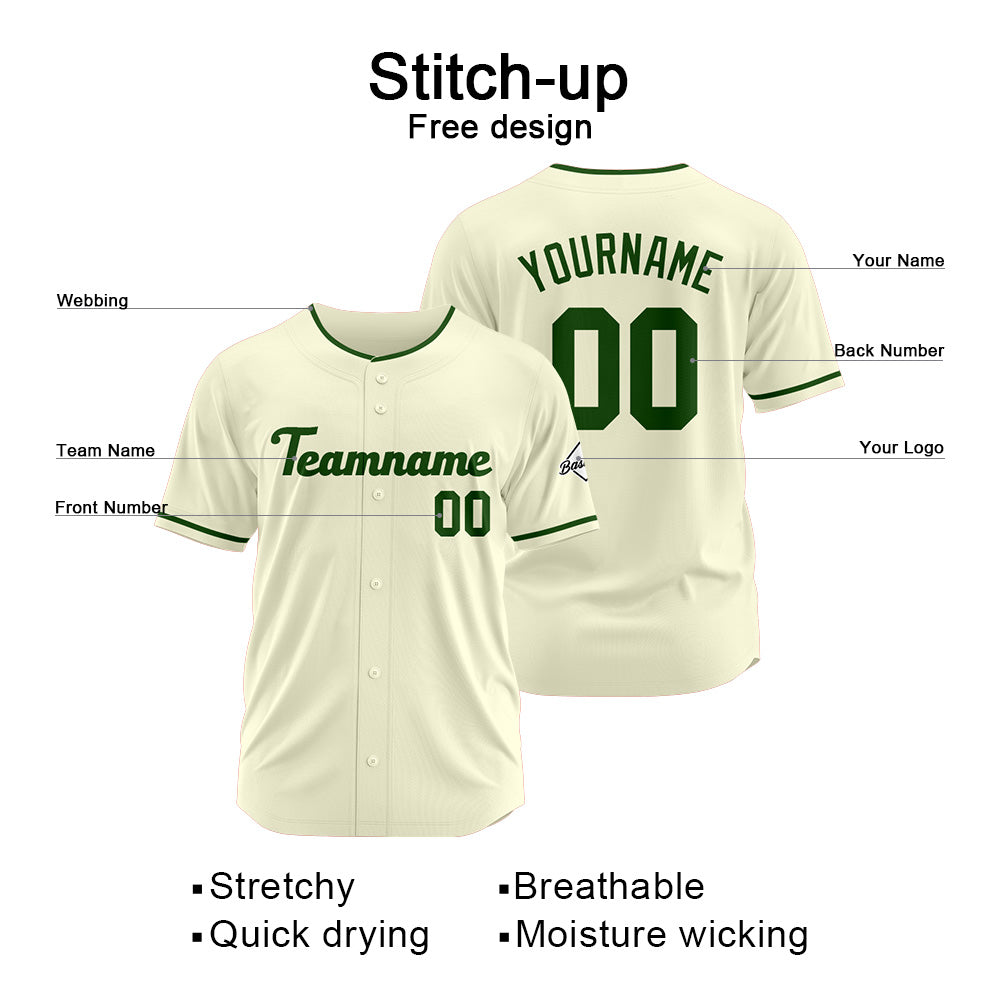 Benutzerdefinierte Authentisch Baseball-Trikot Creme-Dunkelgrün