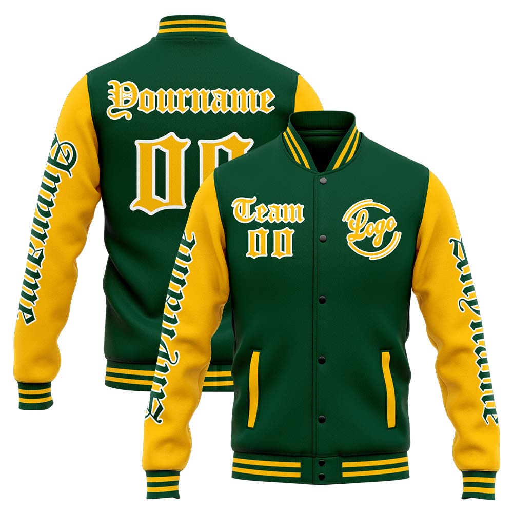 Benutzerdefinierte Varsity-Jacke. Letterman-Jacke für Männer, Frauen und Jugendliche Grün Gelb