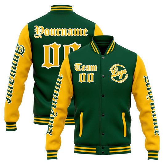 Benutzerdefinierte Varsity-Jacke. Letterman-Jacke für Männer, Frauen und Jugendliche Grün Gelb