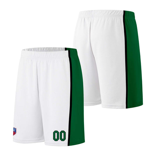 Individuelle Basketball-Jersey-Shorts für Männer und Frauen. Gestickter und gedruckter Name, Nummer und Logo Weiß&Grün