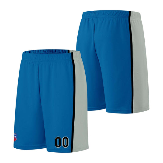 Individuelle Basketball-Jersey-Shorts für Männer und Frauen. Gestickter und gedruckter Name, Nummer und Logo Blau&Grau