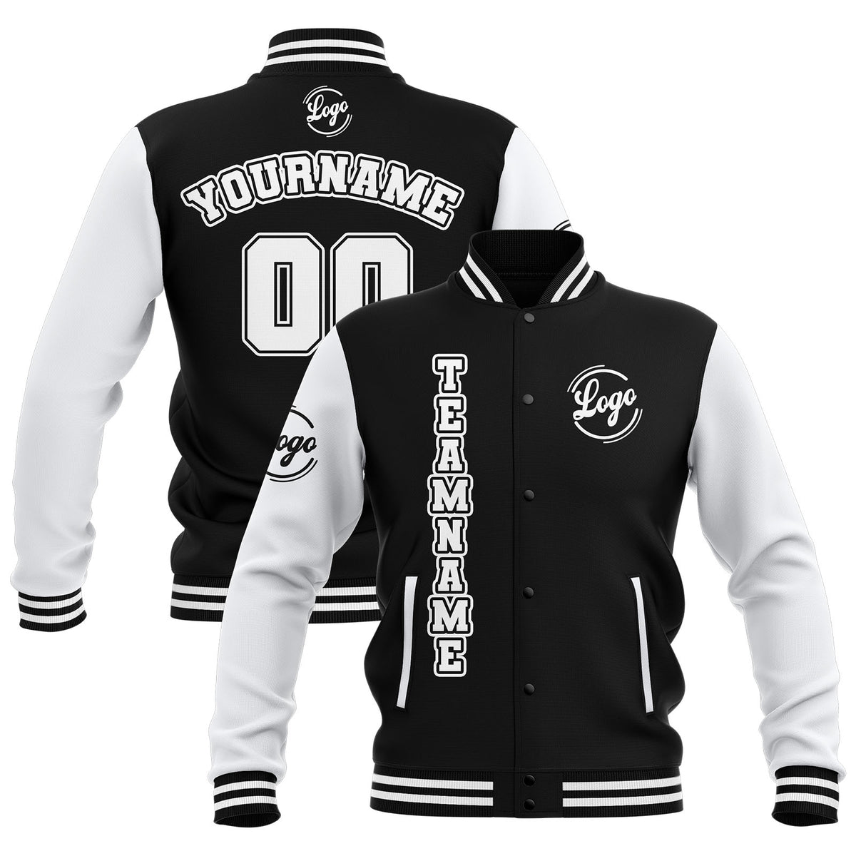 Benutzerdefiniert Schwarz Weiß Wasserdichte Varsity Jacken Personalisiert genäht Name Nummer Logo zu Letterman Jacken