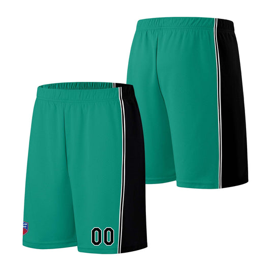 Individuelle Basketball-Jersey-Shorts für Männer und Frauen. Gestickter und gedruckter Name, Nummer und Logo Hellgrün&Schwarz