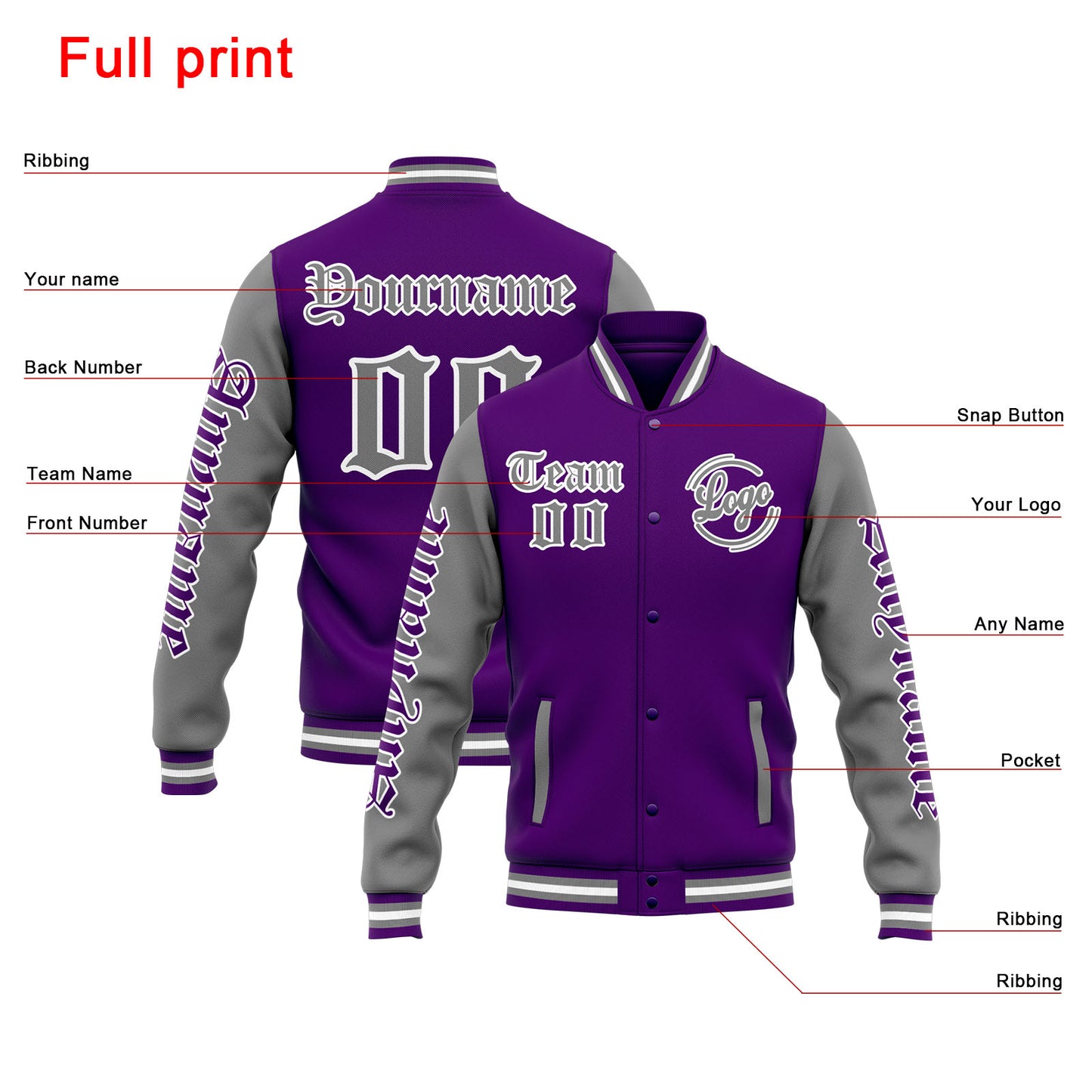 Benutzerdefinierte Varsity-Jacke. Letterman-Jacke für Männer, Frauen und Jugendliche Lila Grau