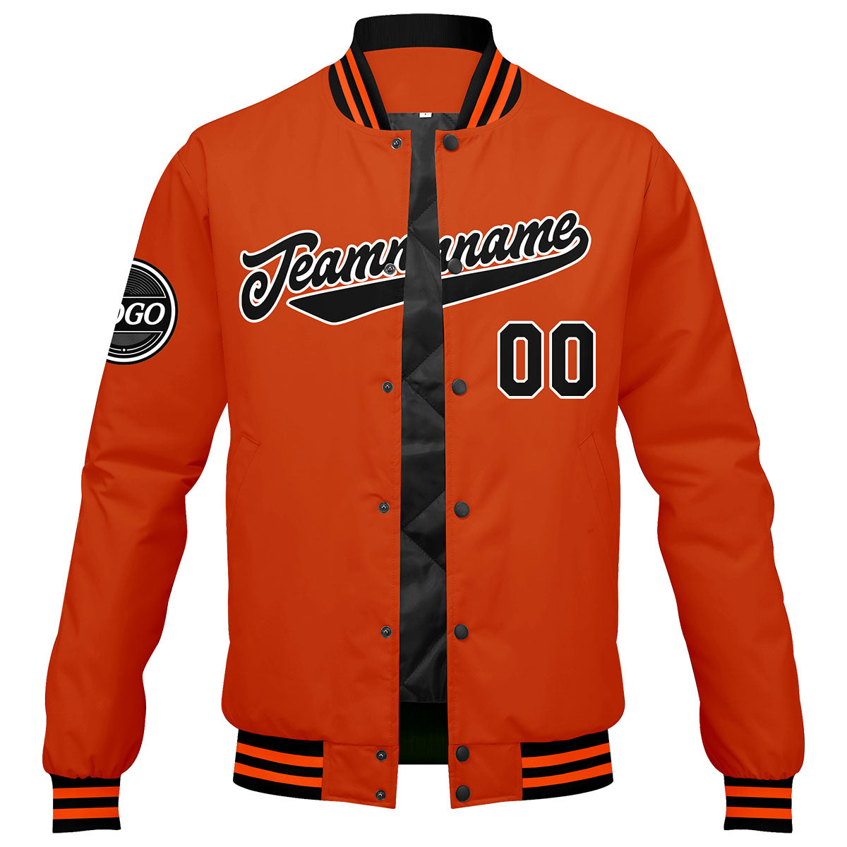 Benutzerdefinierte Verlauf Varsity-Jacke. Letterman-Jacke Schwarz Orange