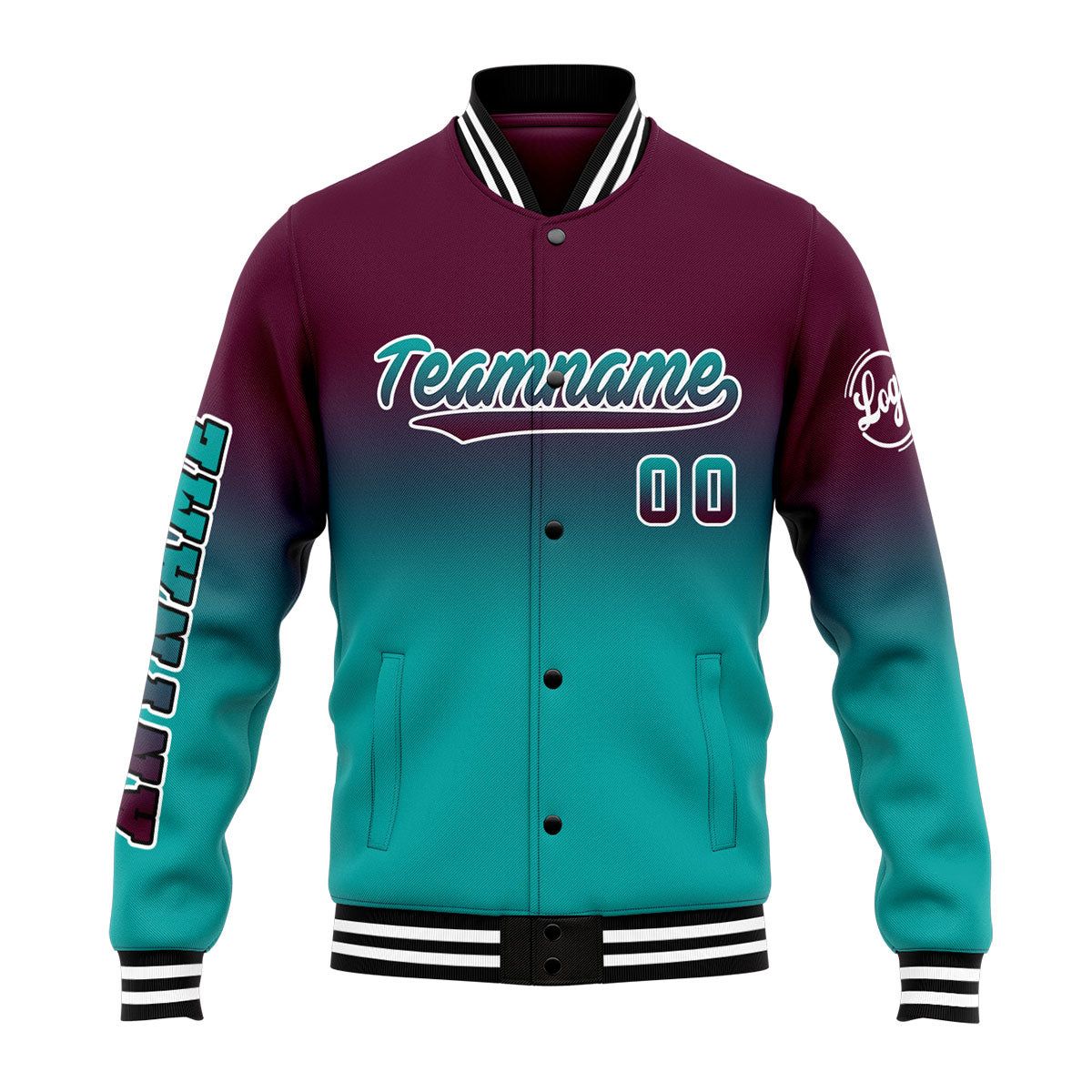 Benutzerdefinierte Verlauf Varsity-Jacke. Letterman-Jacke Burgunder Teal
