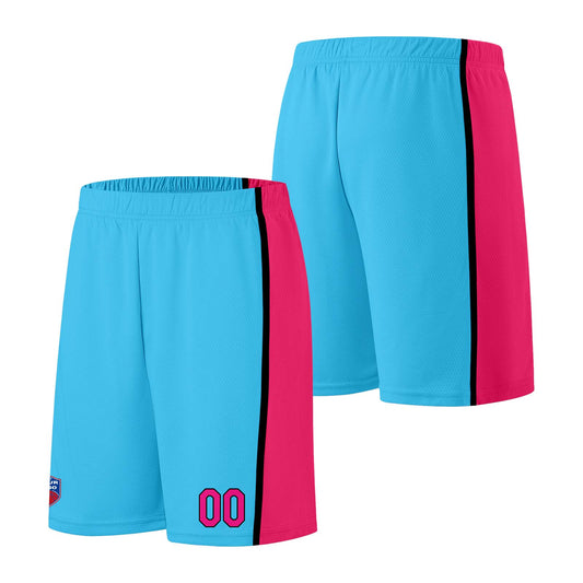 Individuelle Basketball-Jersey-Shorts für Männer und Frauen. Gestickter und gedruckter Name, Nummer und Logo Hellblau&Pink