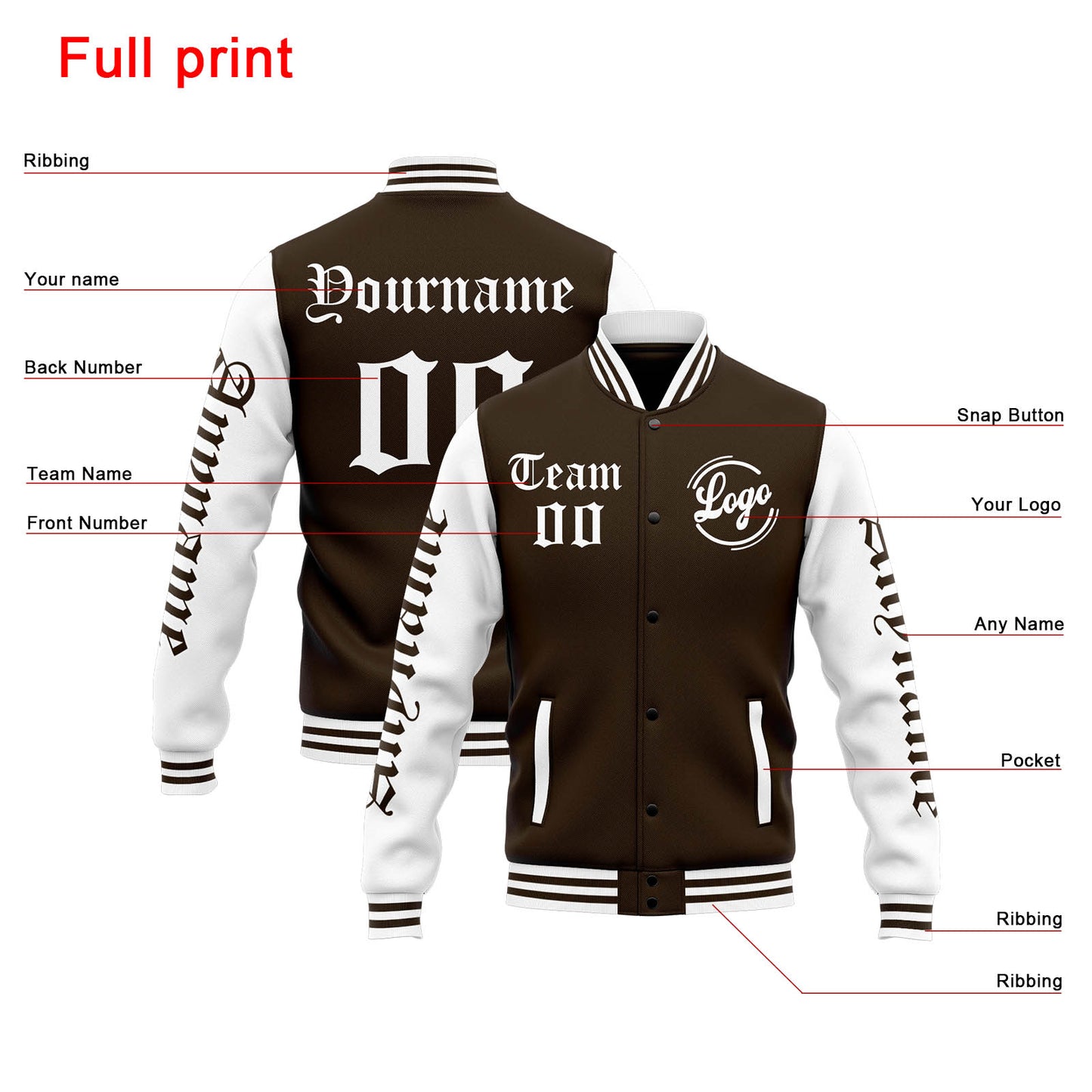 Benutzerdefinierte Varsity-Jacke. Letterman-Jacke für Männer, Frauen und Jugendliche Braun Weiß