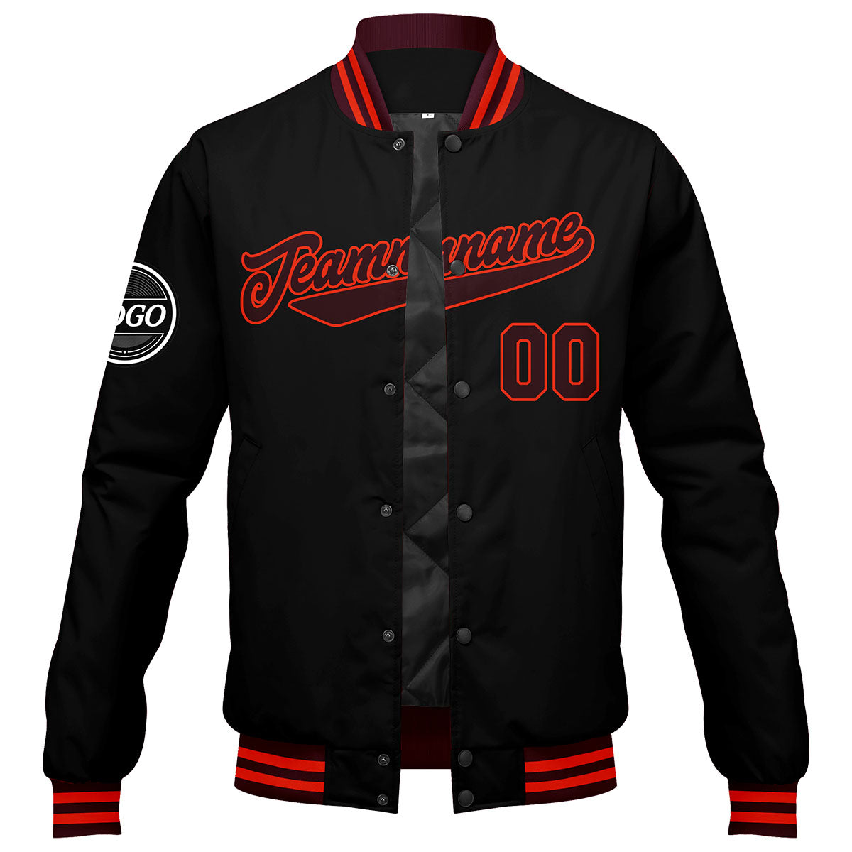 Benutzerdefinierte Verlauf Varsity-Jacke. Letterman-Jacke Marronmaroon Schwarz Orange