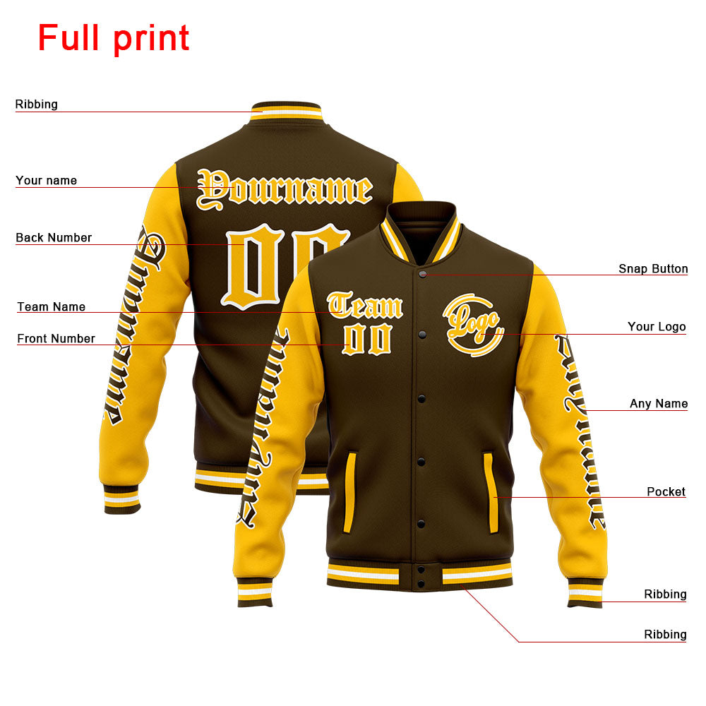 Benutzerdefinierte Varsity-Jacke. Letterman-Jacke für Männer, Frauen und Jugendliche Braun Gelb