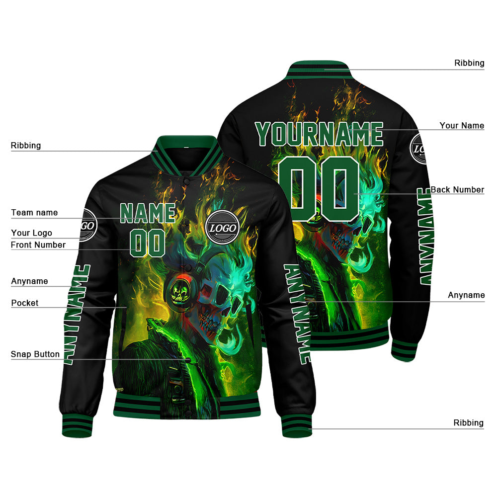 Maßgeschneiderte Schwarz Grün Letterman Varsity Jacket Individuelle Stickerei Druck nach Ihrem Wunsch