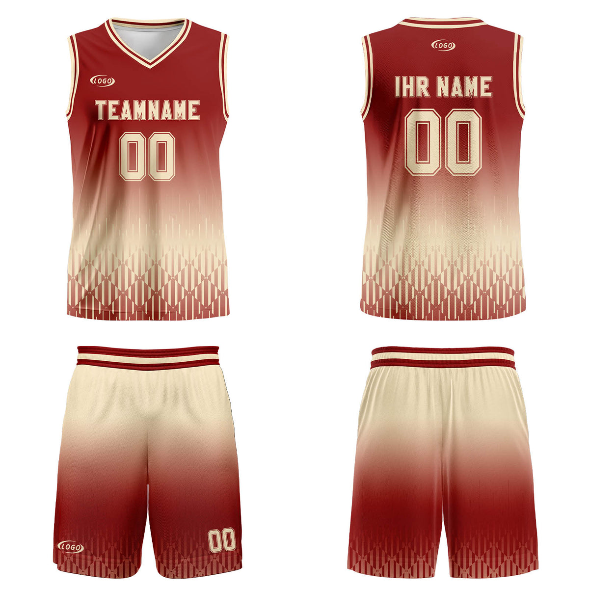 Benutzerdefinierter Rot Beige Farbverlauf Basketball Jersey Uniform Anzug gedruckt Ihr Logo Name Nummer