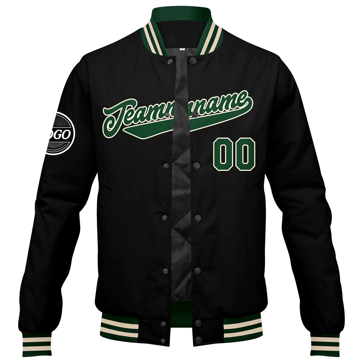 Benutzerdefinierte Verlauf Varsity-Jacke. Letterman-Jacke Dunkelgrün Schwarz Creme