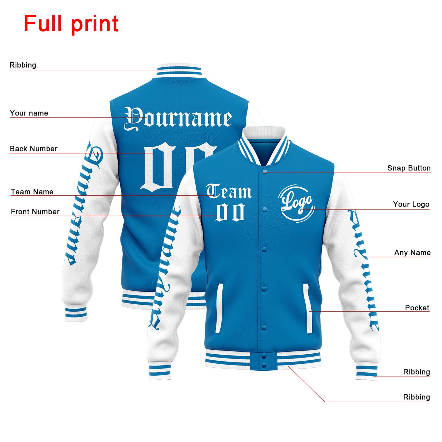 Benutzerdefinierte Varsity-Jacke. Letterman-Jacke für Männer, Frauen und Jugendliche Blau Weiß