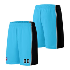 Individuelle Basketball-Jersey-Shorts für Männer und Frauen. Gestickter und gedruckter Name, Nummer und Logo Hellblau