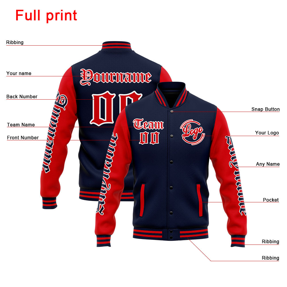 Benutzerdefinierte Varsity-Jacke. Letterman-Jacke für Männer, Frauen und Jugendliche Marine Rot