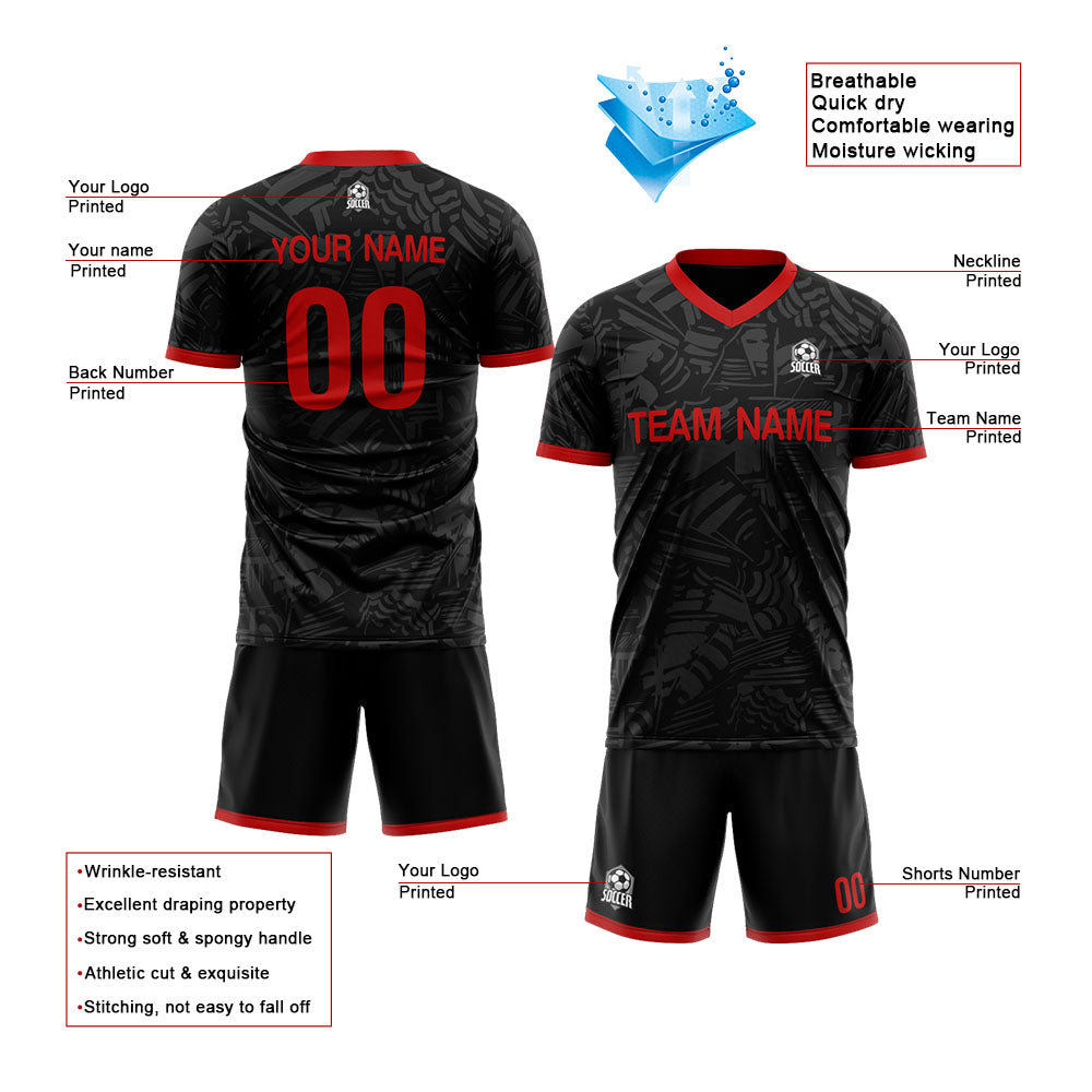 Benutzerdefinierte Schwarz Fußballuniform Jersey Kinder Erwachsene Personalisiertes Set Jersey Shirt