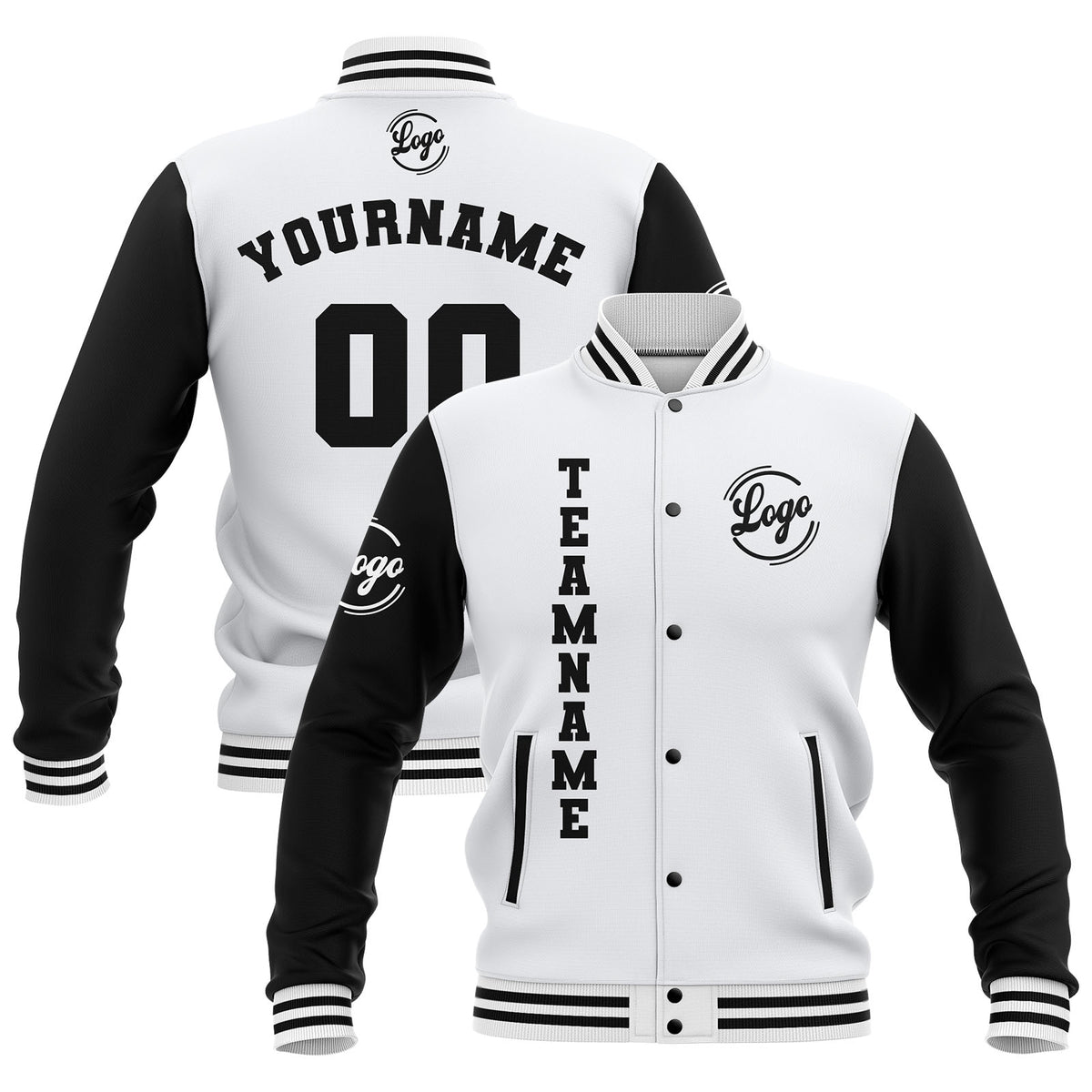 Benutzerdefiniert Weiß Schwarz Wasserdichte Varsity Jacken Personalisiert genäht Name Nummer Logo zu Letterman Jacken