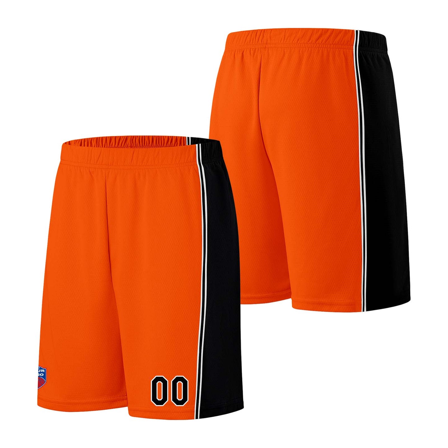 Individuelle Basketball-Jersey-Shorts für Männer und Frauen. Gestickter und gedruckter Name, Nummer und Logo Orange&Schwarz