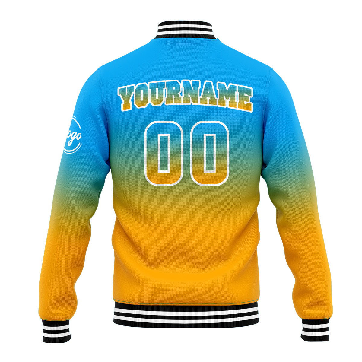 Benutzerdefinierte Verlauf Varsity-Jacke. Letterman-Jacke Hellblau Orange