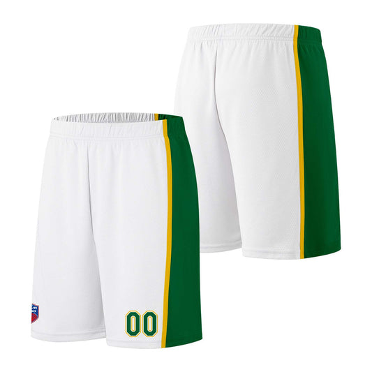 Individuelle Basketball-Jersey-Shorts für Männer und Frauen. Gestickter und gedruckter Name, Nummer und Logo Weiß&Grün&Gelb