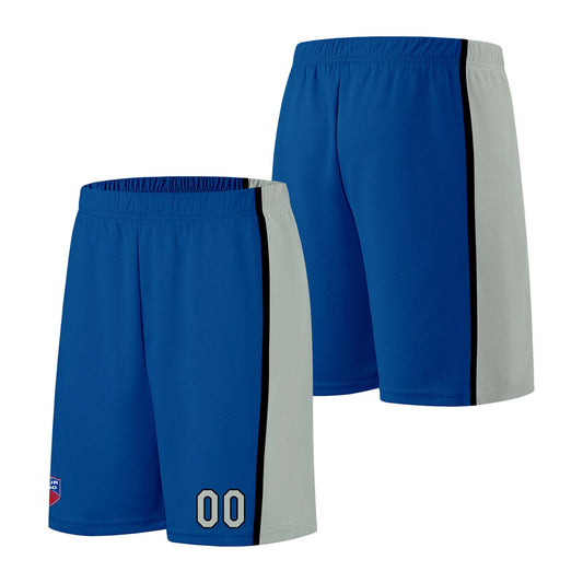 Individuelle Basketball-Jersey-Shorts für Männer und Frauen. Gestickter und gedruckter Name, Nummer und Logo Blau