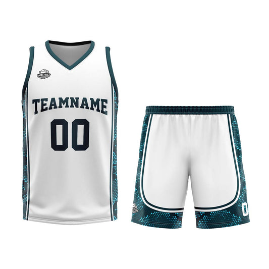 Benutzerdefinierter Weiß Dunkelgrün Basketball Jersey Uniform Anzug gedruckt Ihr Logo Name Nummer