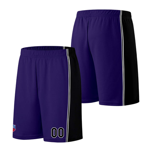 Individuelle Basketball-Jersey-Shorts für Männer und Frauen. Gestickter und gedruckter Name, Nummer und Logo Lila&Schwarz