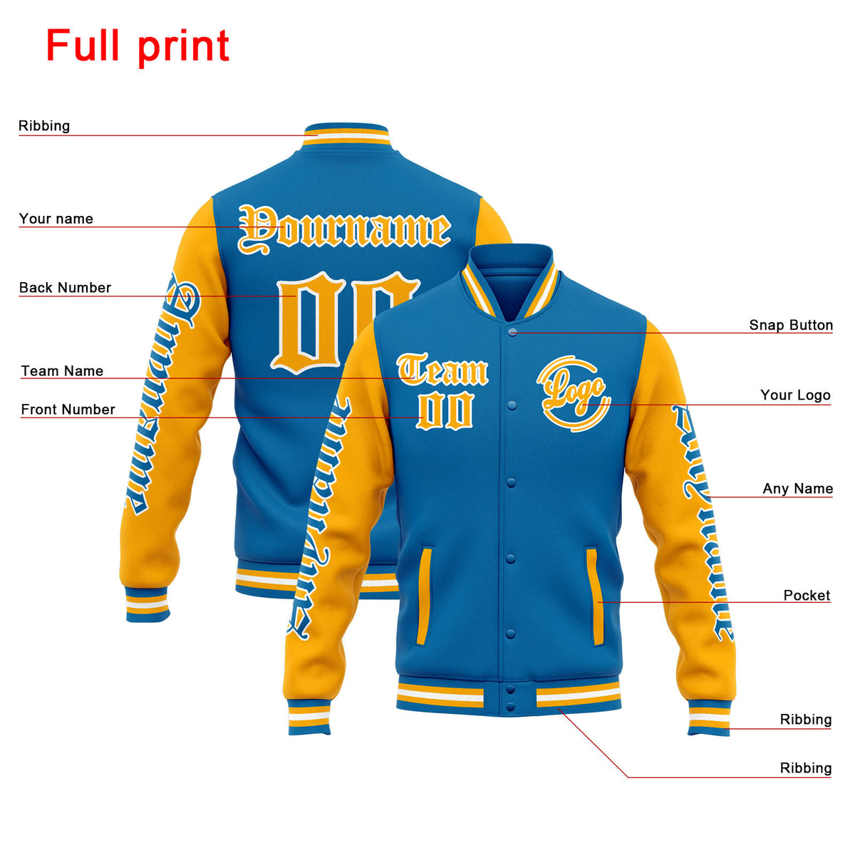 Benutzerdefinierte Varsity-Jacke. Letterman-Jacke für Männer, Frauen und Jugendliche Blau Orange