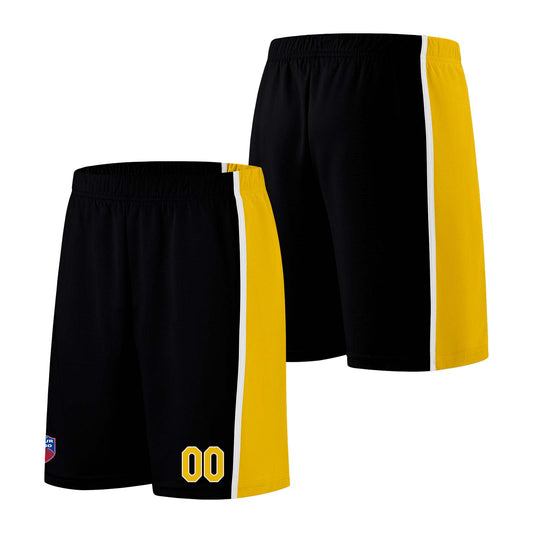 Individuelle Basketball-Jersey-Shorts für Männer und Frauen. Gestickter und gedruckter Name, Nummer und Logo Schwarz&Gelb