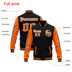 Benutzerdefinierte Varsity-Jacke. Letterman-Jacke für Männer, Frauen und Jugendliche Orange Schwarz