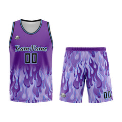 Benutzerdefinierter Basketball Jersey Uniform Anzug gedruckt Ihr Logo Name Nummer Lila Flamme