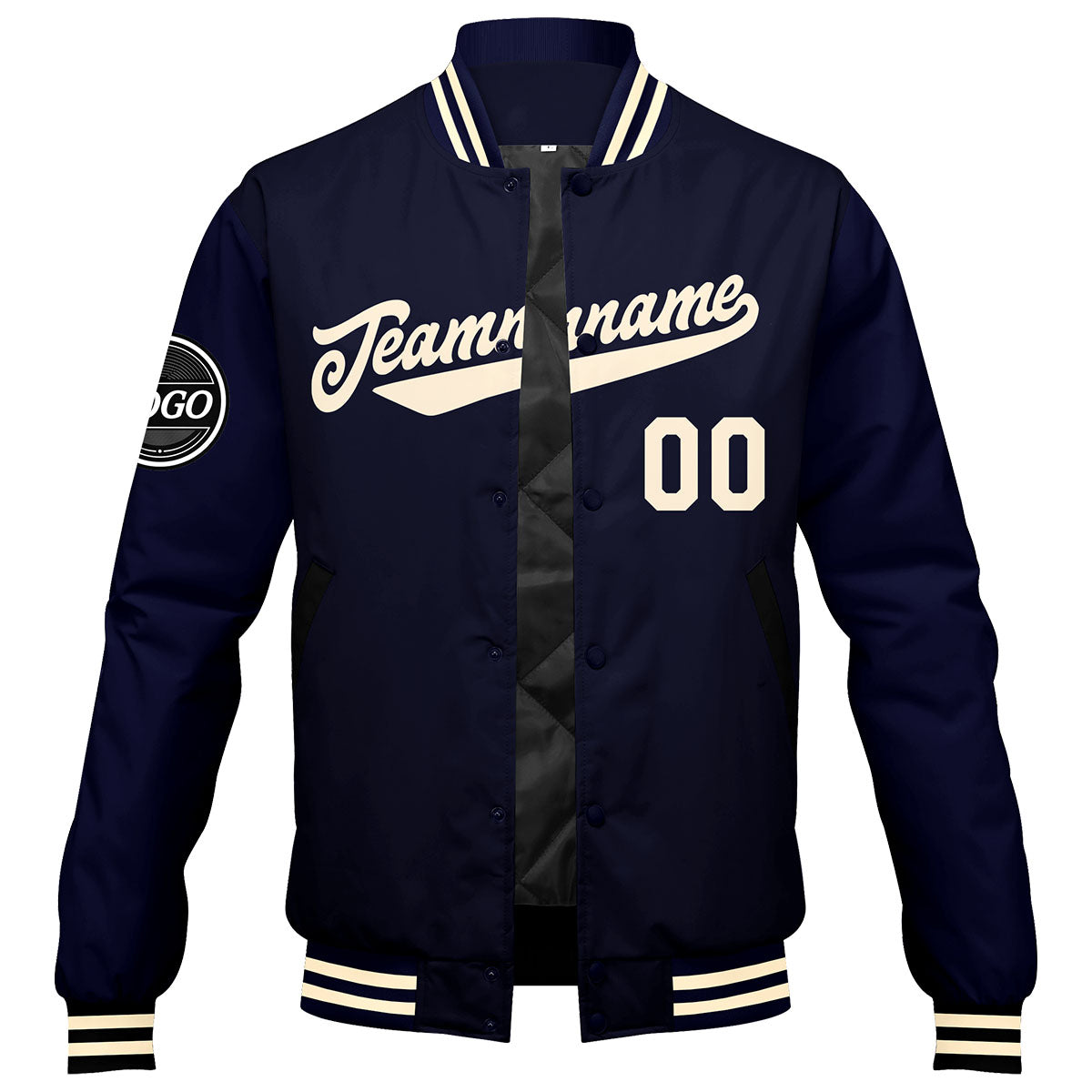 Benutzerdefinierte Verlauf Varsity-Jacke. Letterman-Jacke Marine Creme