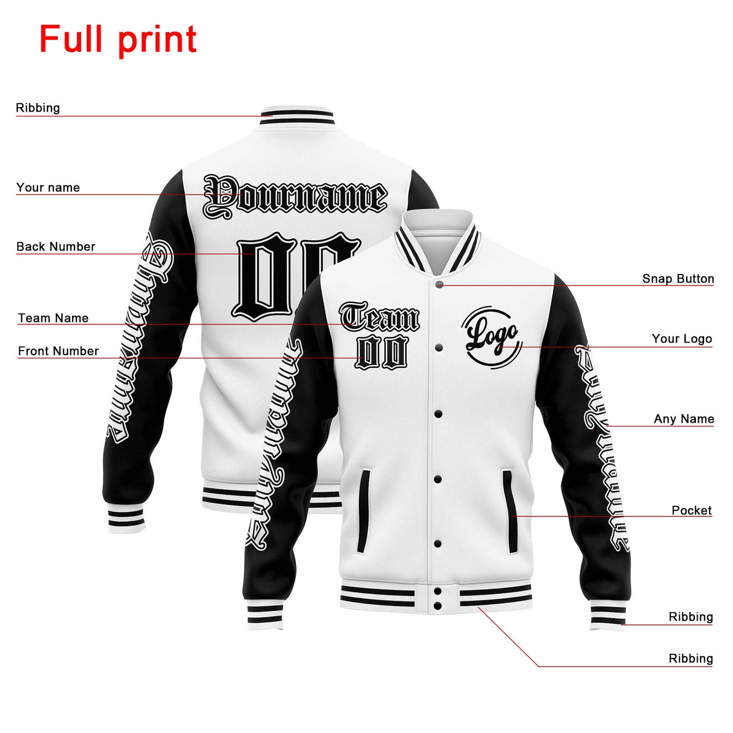 Benutzerdefinierte Varsity-Jacke. Letterman-Jacke für Männer, Frauen und Jugendliche Weiß Schwarz