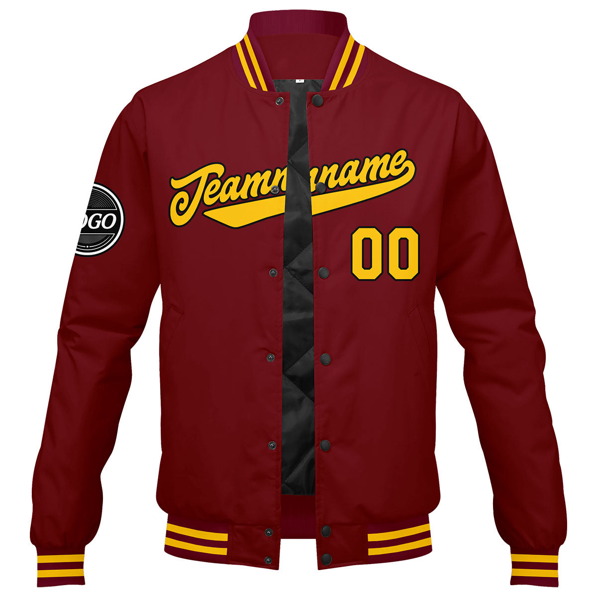Benutzerdefinierte Verlauf Varsity-Jacke. Letterman-Jacke Karminrot Gelb