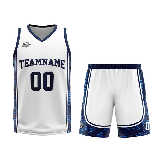 Benutzerdefinierter Weiß Dunkelblau Basketball Jersey Uniform Anzug gedruckt Ihr Logo Name Nummer