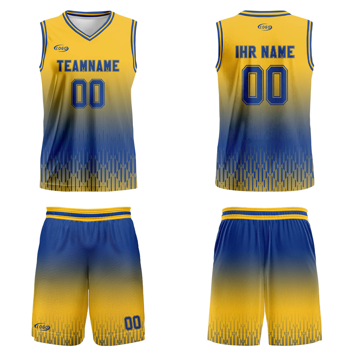 Benutzerdefinierter Gelb Blau Farbverlauf Basketball Jersey Uniform Anzug gedruckt Ihr Logo Name Nummer