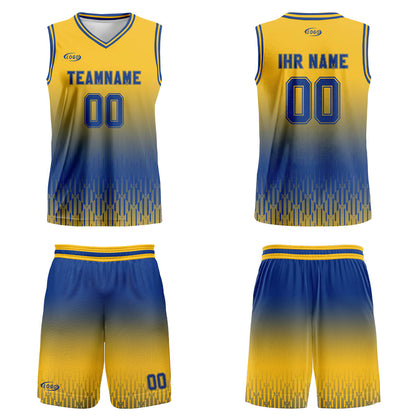 Benutzerdefinierter Gelb Blau Farbverlauf Basketball Jersey Uniform Anzug gedruckt Ihr Logo Name Nummer